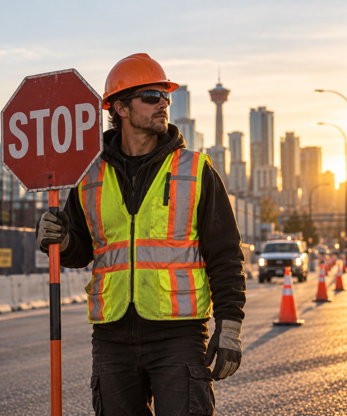 BNRG flagger holding a STOP paddle on a Calgary road at sunrise